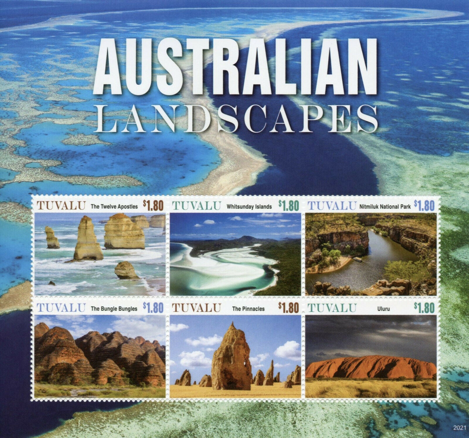 Tuvalu Australian Landscapes Stamps 2020 MNH Uluru Pinnacles Beaches 6v M/S