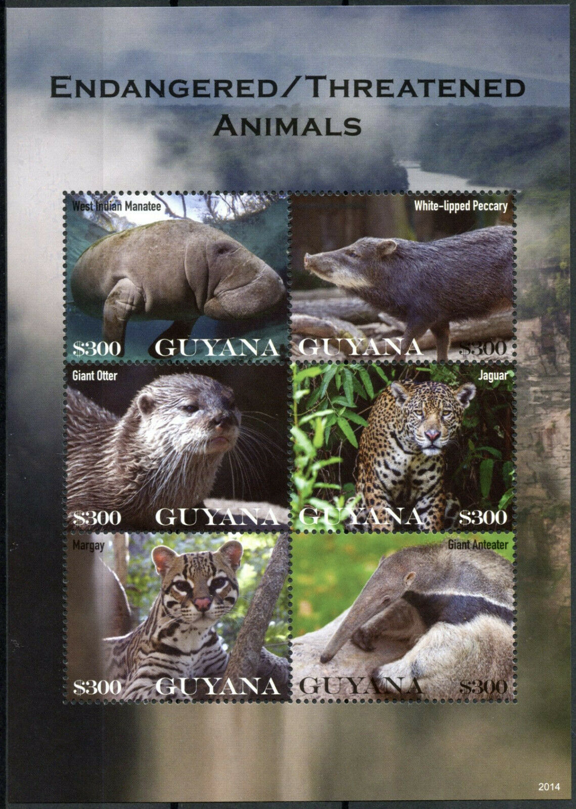 Guyana Wild Animals Stamps 2020 MNH Endangered Species Otters Jaguars 6v M/S