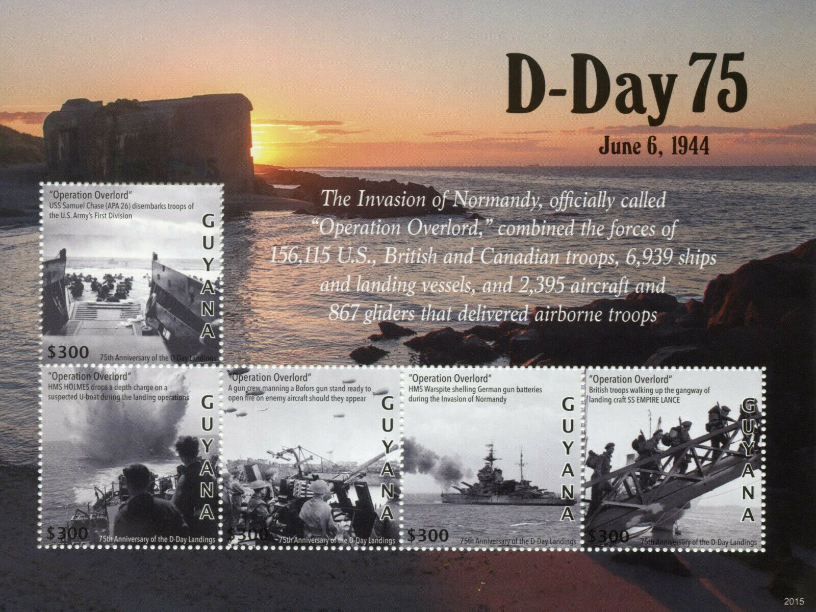 Guyana Military Stamps 2020 MNH WWII WW2 D-Day 75 Normandy Invasion Ships 5v M/S