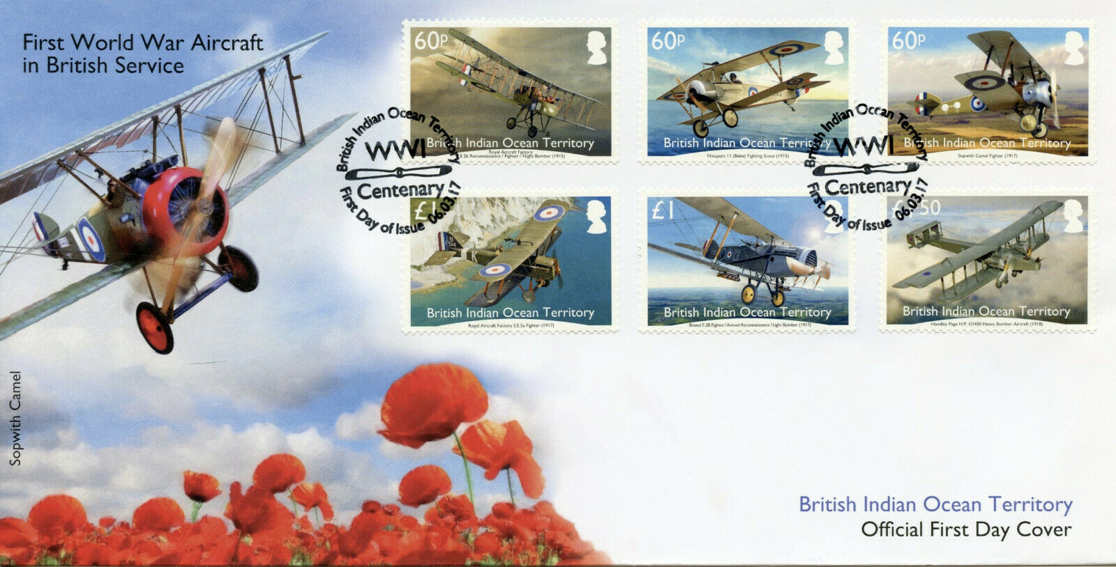BIOT Military Stamps 2017 FDC WWI WW1 Aircraft British Service Aviation 6v Set