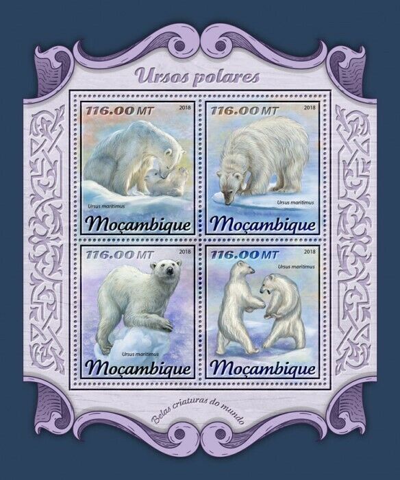 Mozambique Wild Animals Stamps 2018 MNH Polar Bears Bear Mammals Fauna 4v M/S