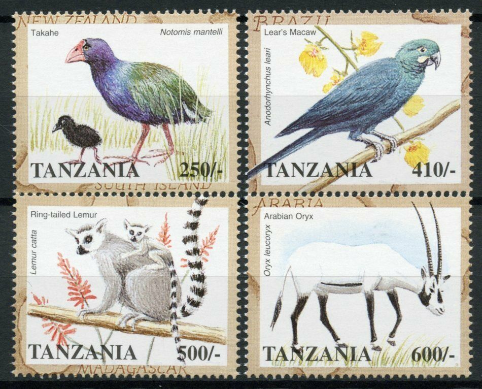 Tanzania 1998 MNH Wild Animals Stamps Fauna & Flora Birds Macaws Lemurs 4v Set