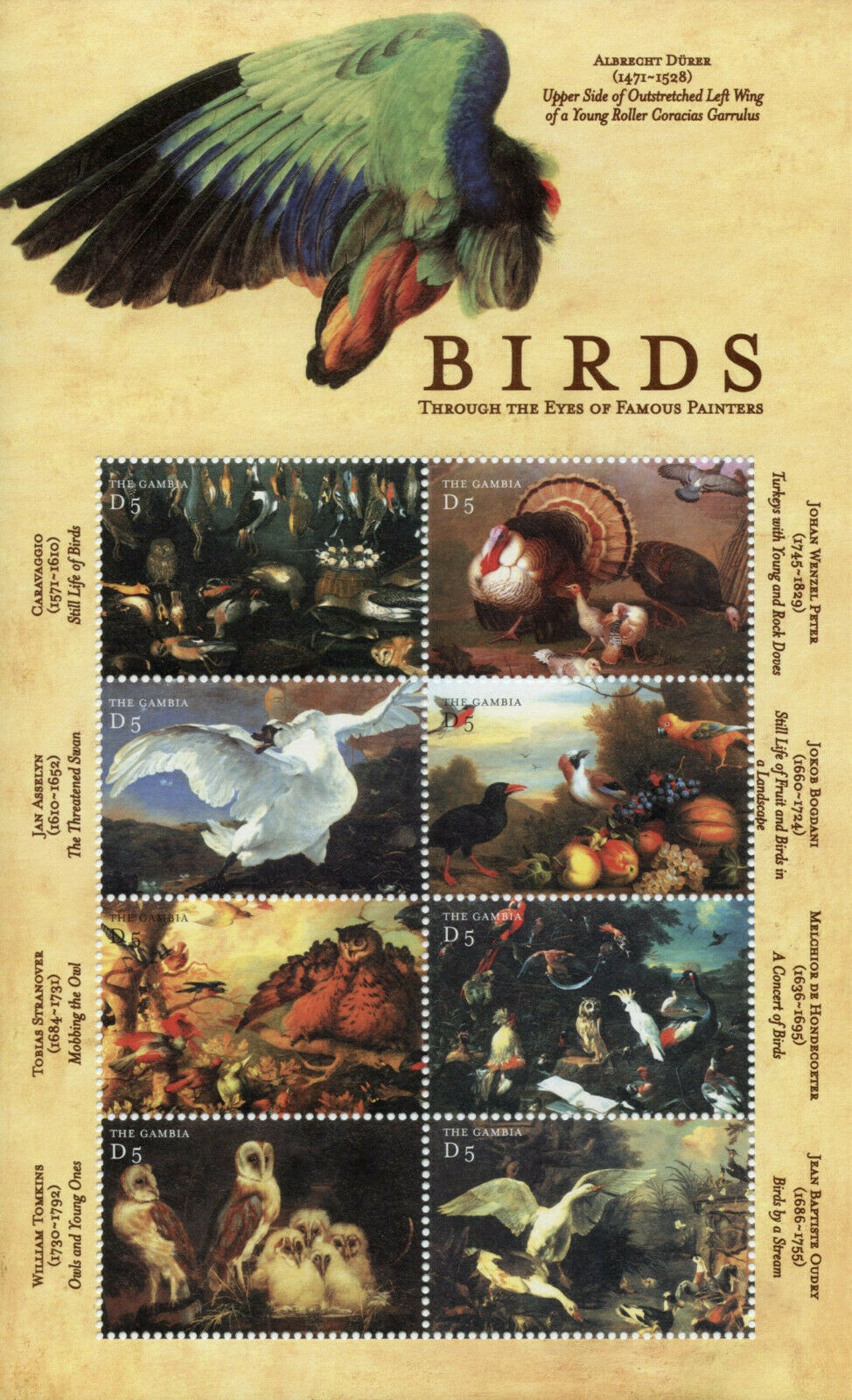Gambia 2000 MNH Art Stamps Birds Through Eyes Famous Painters Caravaggio 8v M/S