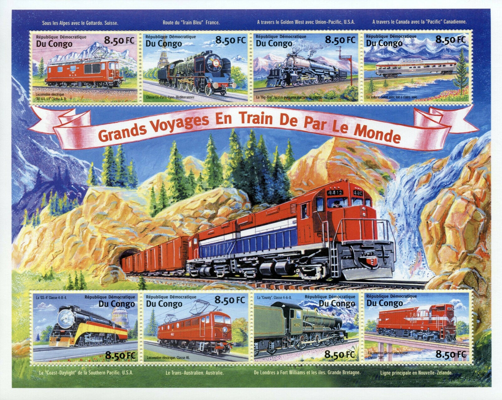 Congo 2001 MNH Trains Stamps Steam Engines Locomotives Railways Rail 8v M/S II