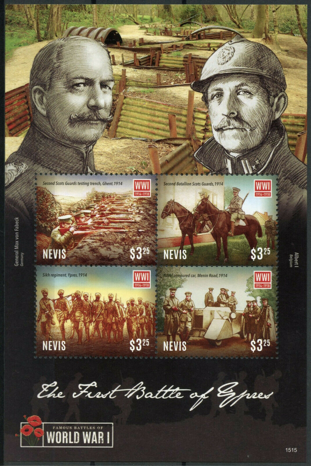 Nevis Military Stamps 2015 MNH WW1 WWI 1st Battle of Ypres Famous Battles 4v M/S