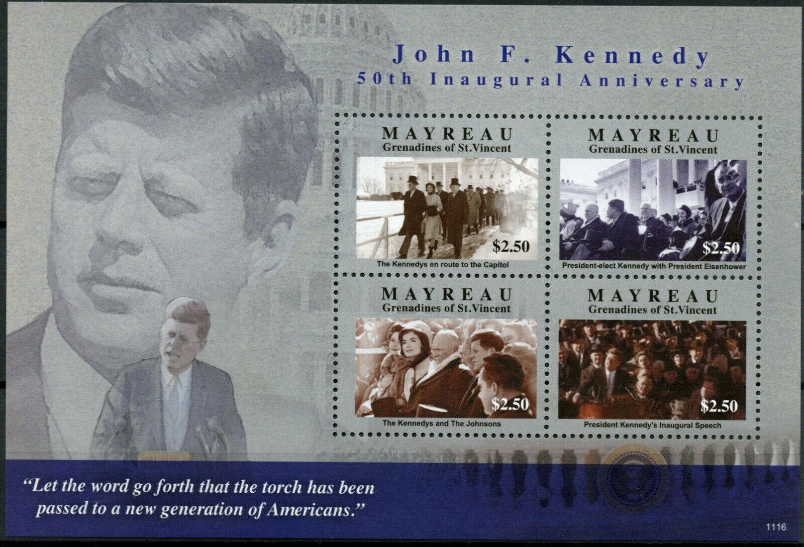Mayreau Gren St Vincent JFK Stamps 2011 MNH John F Kennedy 50th Inaugural 4v M/S
