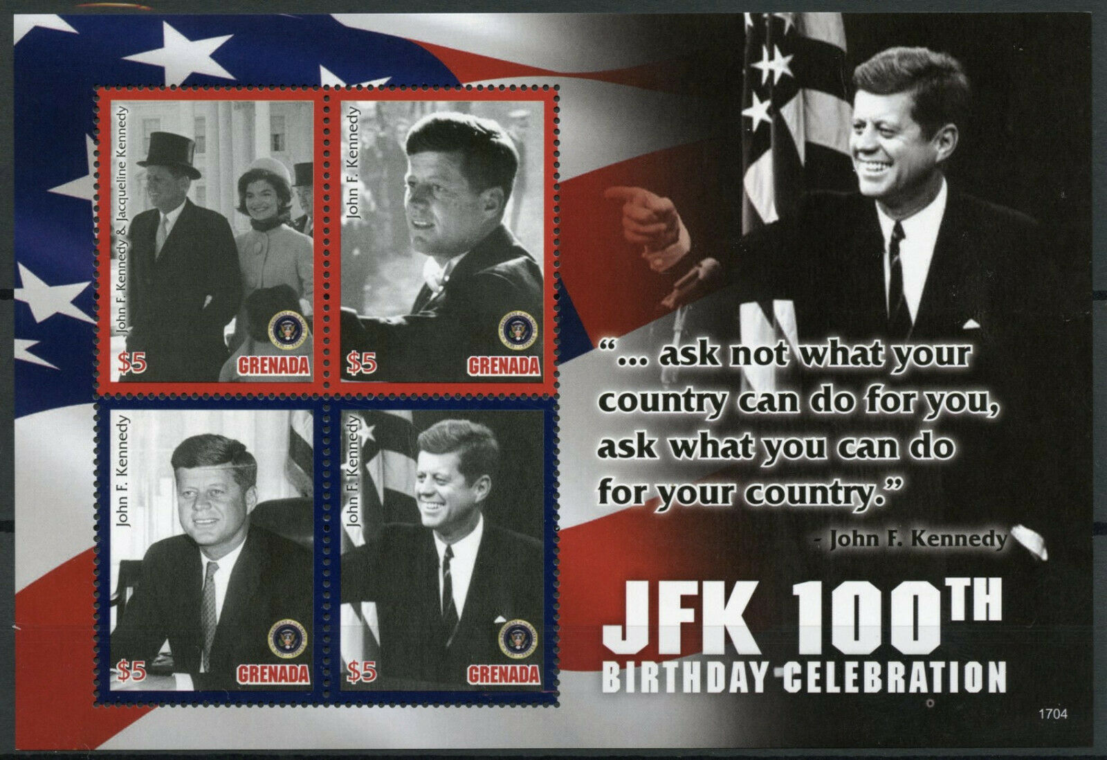 Grenada JFK Stamps 2017 MNH John F Kennedy 100th Birthday US Presidents 4v M/S I