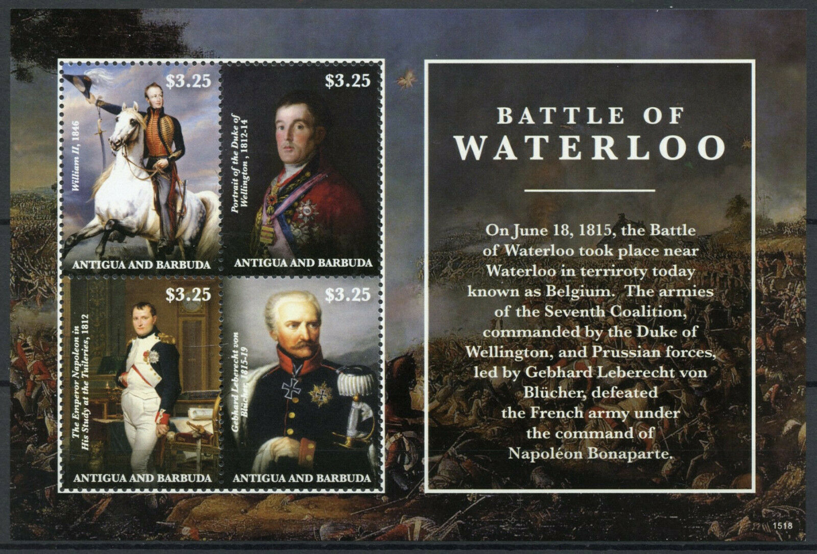 Antigua & Barbuda Stamps 2015 MNH Battle of Waterloo Napoleon Wellington 4v M/S