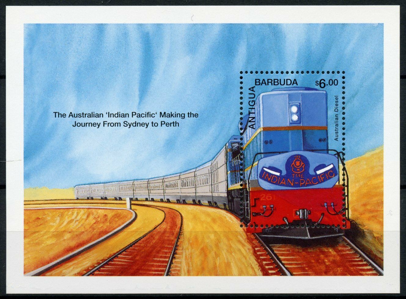 Antigua & Barbuda Rail Stamps 1995 MNH Trains of World Australian Diesel 1v S/S