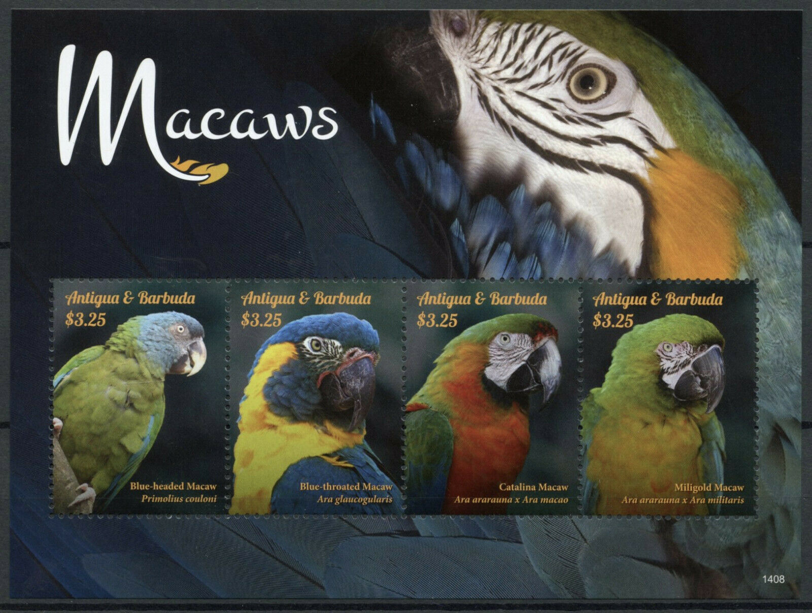 Antigua & Barbuda 2014 MNH Birds on Stamps Catalina Macaws Parrots 4v M/S II
