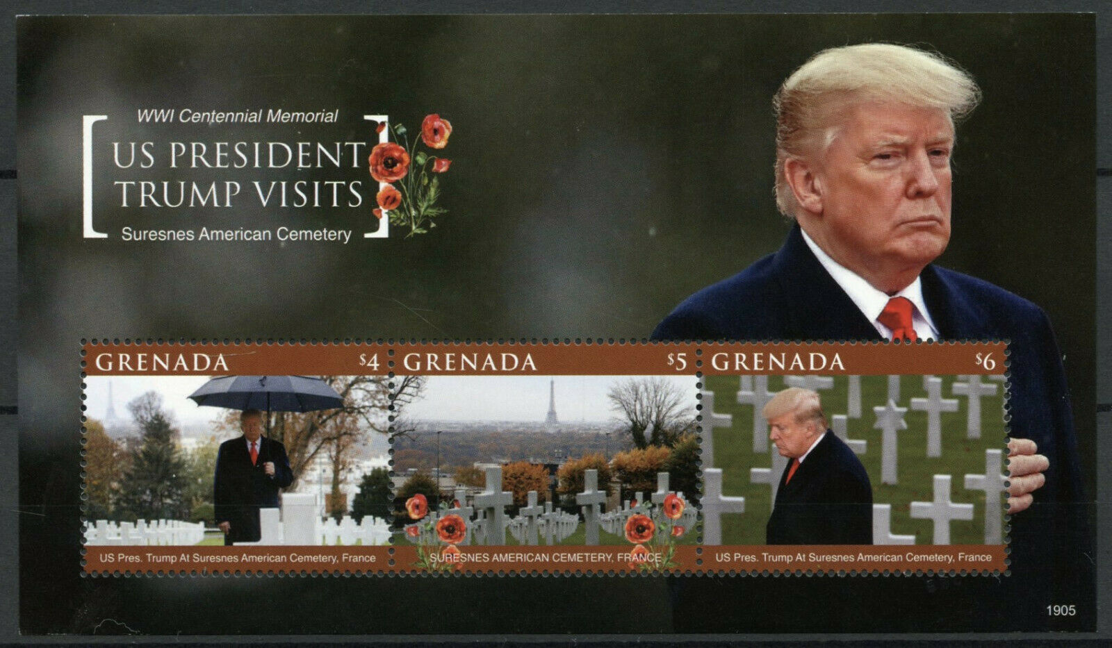Grenada Donald Trump Stamps 2019 MNH WWI WW1 Suresnes Cemetery Military 3v M/S