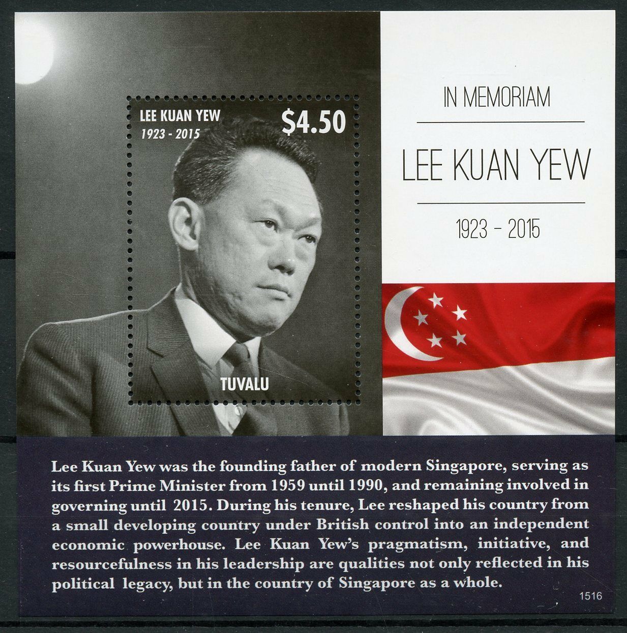 Tuvalu 2015 MNH Politicians Stamps Lee Kuan Yew in Memoriam Prime Minister Singapore 1v S/S