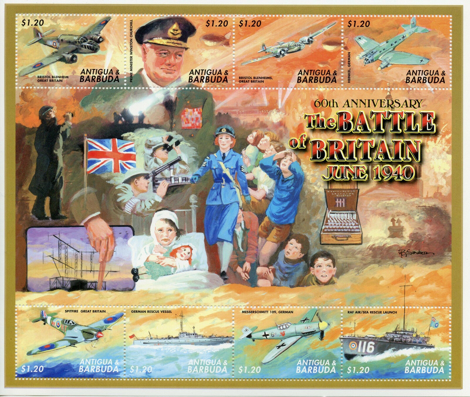 Antigua & Barbuda Churchill Stamps 2000 MNH WWII Battle of Britain 60th 8v M/S I