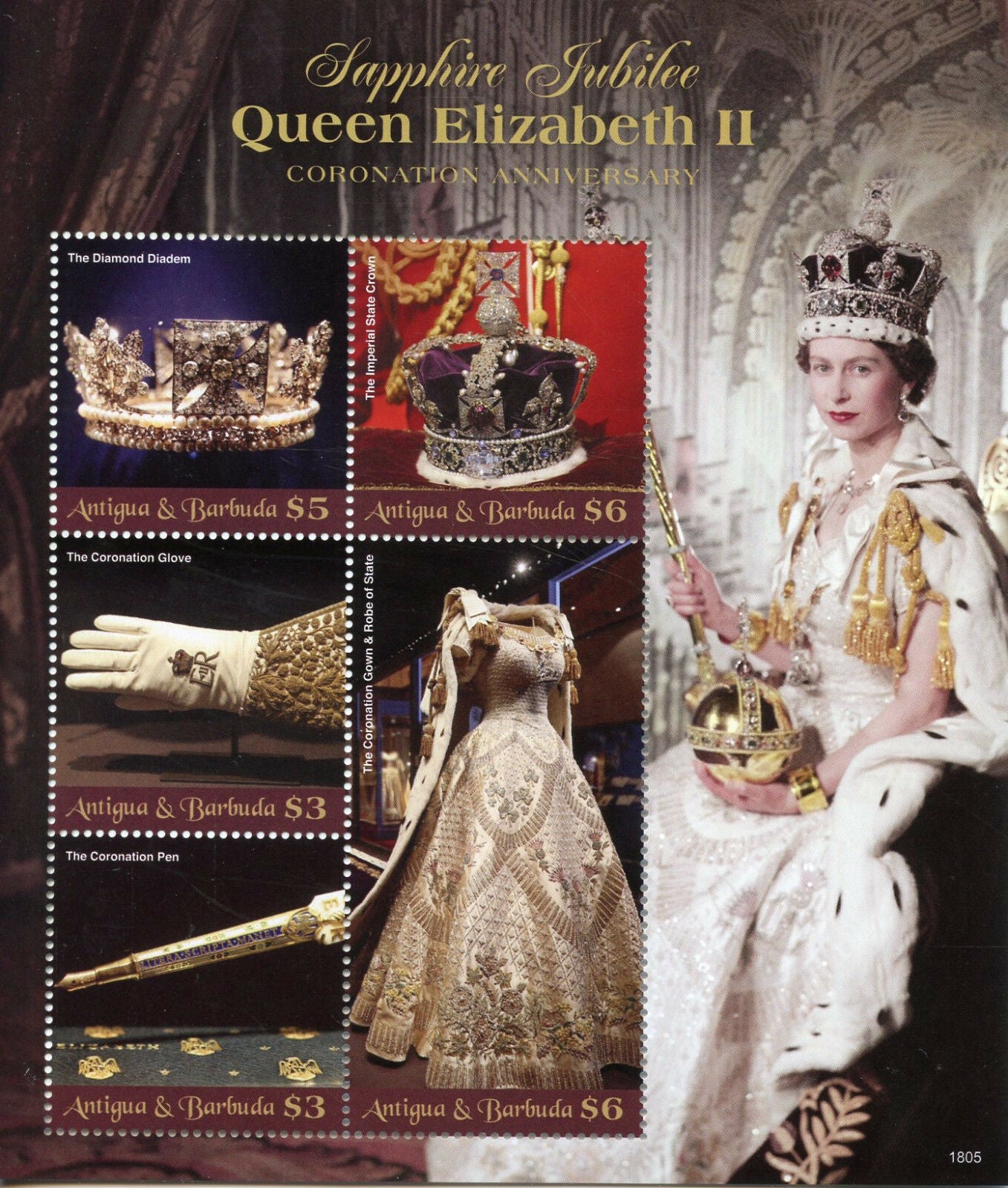 Antigua & Barbuda 2018 MNH Royalty Stamps Queen Elizabeth II Coronation Sapphire 5v M/S