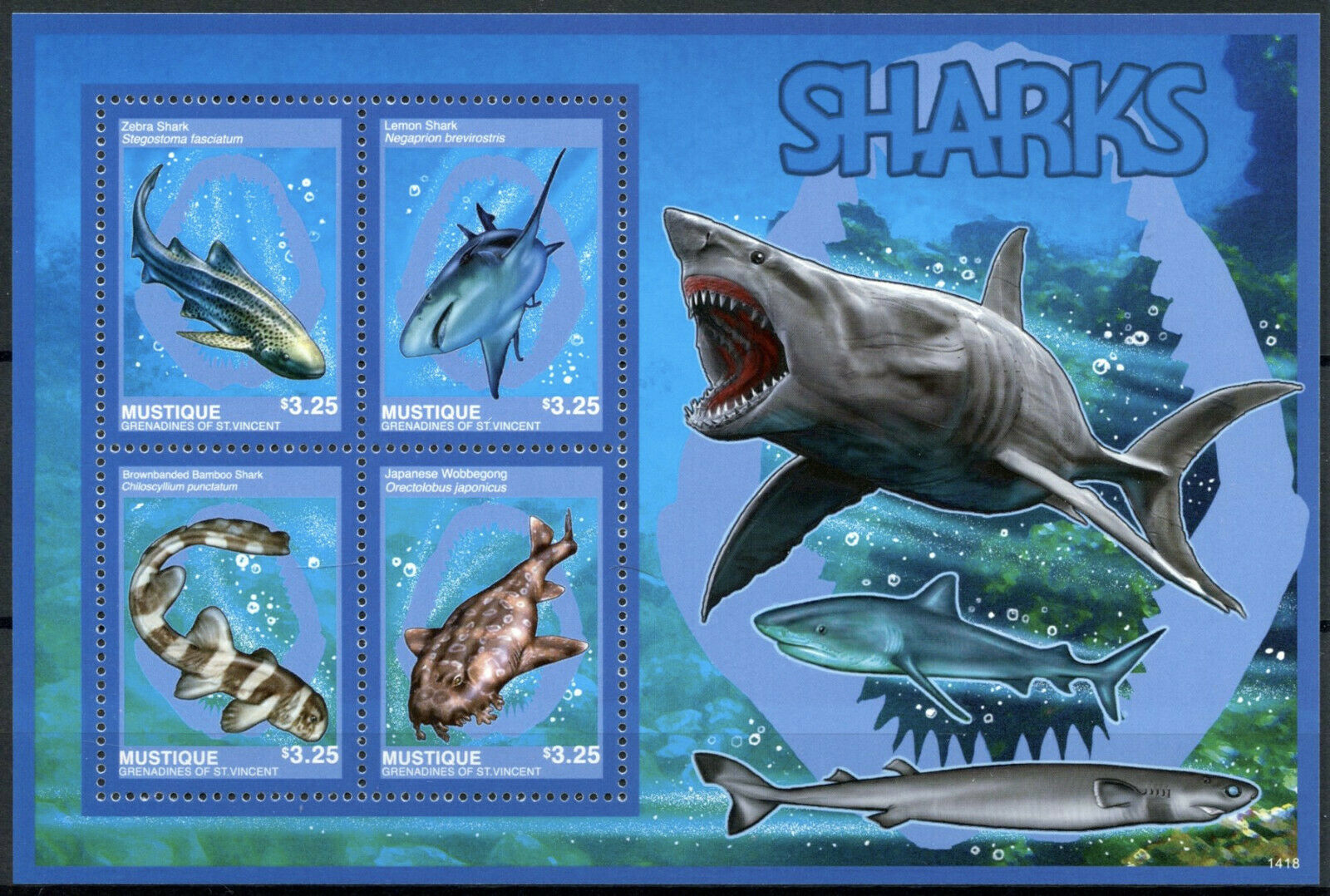 Mustique Gren St Vincent Sharks Stamps 2014 MNH Lemon Shark Wobbegong 4v M/S II