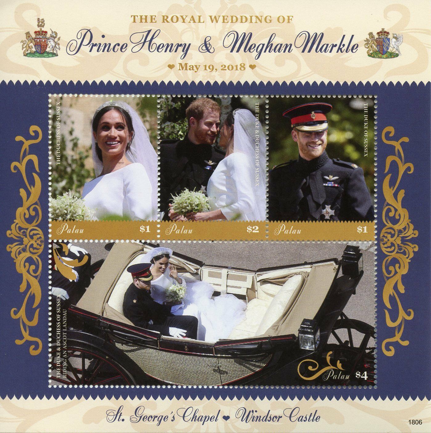Palau Royalty Stamps 2018 MNH Prince Harry & Meghan Royal Wedding 4v M/S