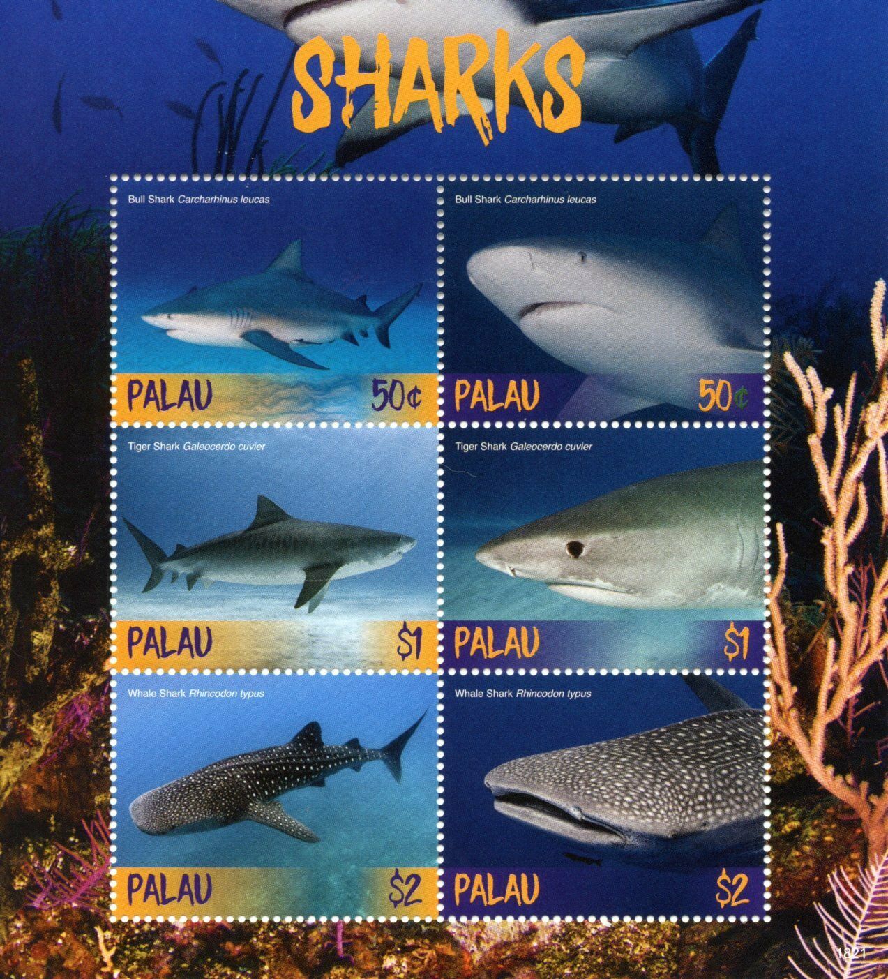 Palau 2018 MNH Marine Animals Stamps Sharks Tiger Bull Whale Shark 6v M/S