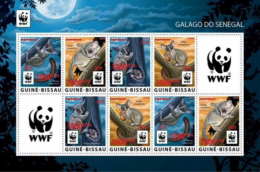 Guinea-Bissau WWF Stamps 2020 MNH Senegal Galago Bushbabies Red OVPT 8v M/S