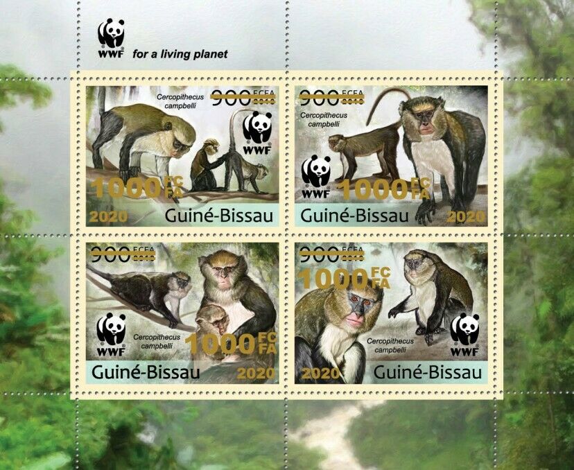 Guinea-Bissau WWF Stamps 2020 MNH Campbell's Mona Monkeys Gold OVPT 4v M/S