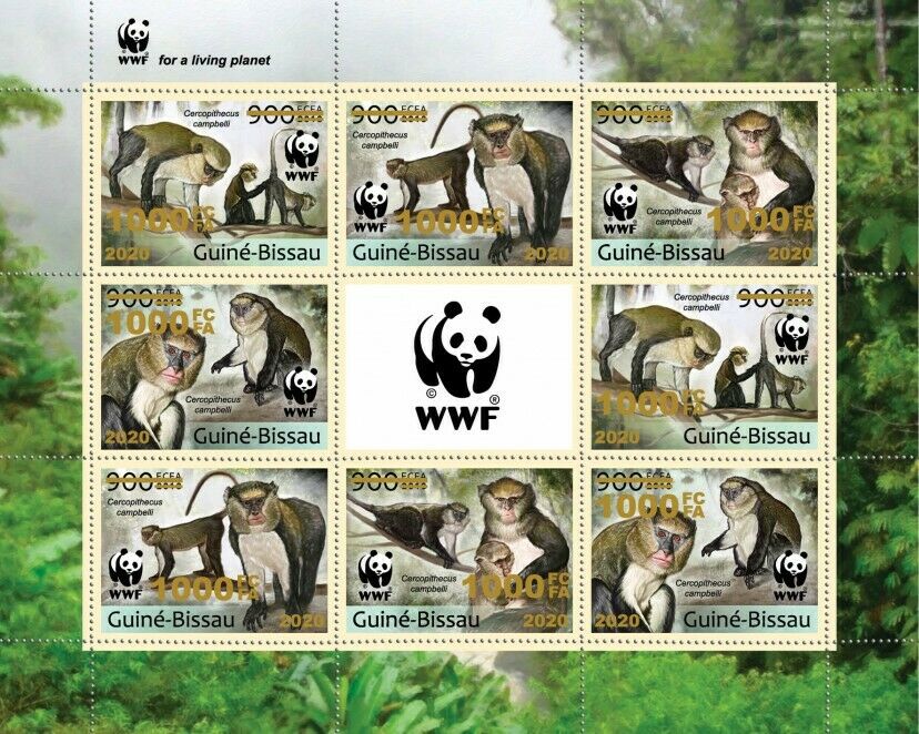Guinea-Bissau 2020 MNH WWF Stamps Campbell's Mona Monkeys Gold OVPT 8v M/S
