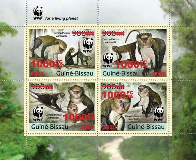 Guinea-Bissau WWF Stamps 2020 MNH Campbell's Mona Monkeys Red OVPT 4v M/S