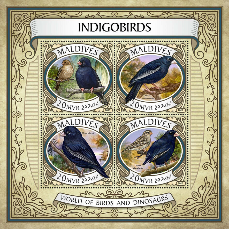 Maldives 2017 MNH Birds on Stamps Indigobirds Indigo Birds Indigobird 4v M/S