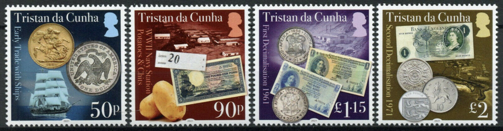 Tristan da Cunha 2021 MNH Coins on Stamps Decimilisation Banknotes Ships 4v Set