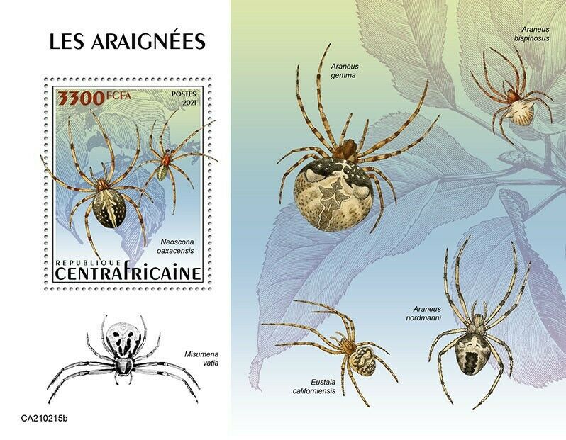 Central African Republic Spiders Stamps 2021 MNH Arachnids Fauna 1v S/S