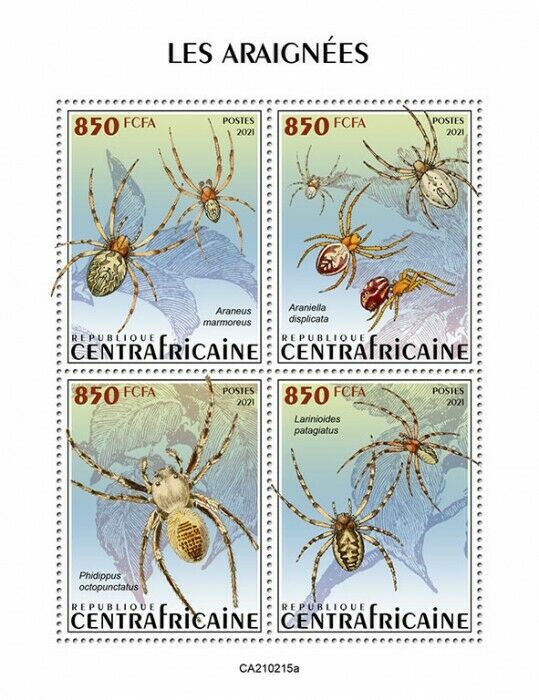 Central African Republic Spiders Stamps 2021 MNH Arachnids Fauna 4v M/S