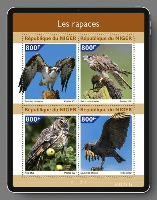 Niger Raptors Stamps 2021 MNH Birds of Prey Falcons Osprey Merlin Owls 4v M/S
