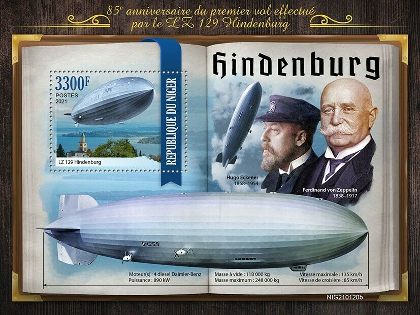 Niger Aviation Stamps 2021 MNH Zeppelins LZ 129 Hindenburg 1st Flight 1v S/S