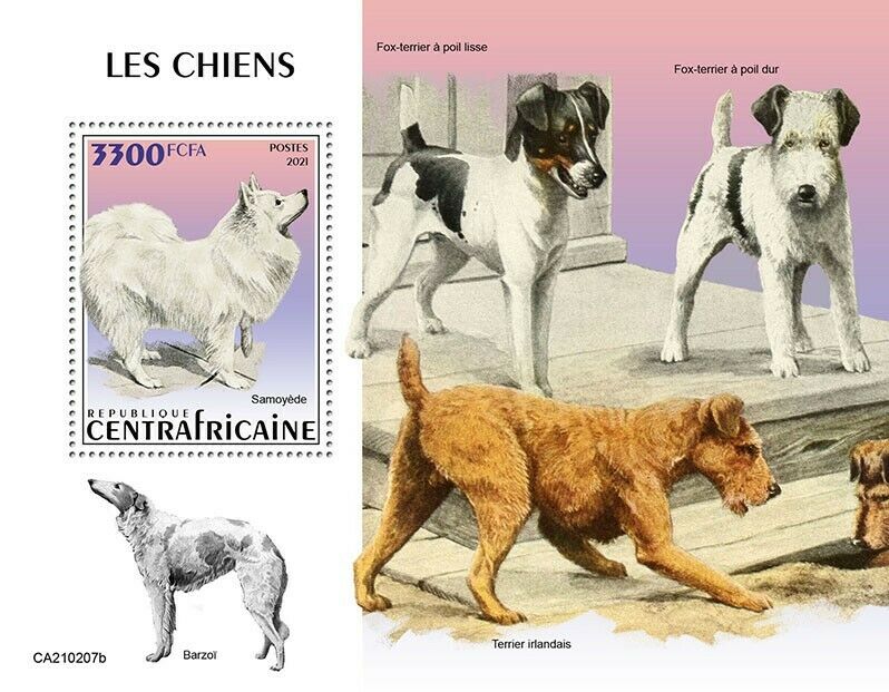 Central African Rep Dogs Stamps 2021 MNH Samoyed Borzoi Irish Terrier 1v S/S