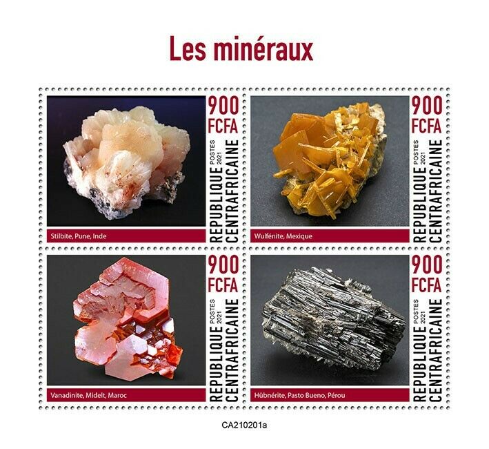 Central African Rep 2021 MNH Minerals Stamps Stilbite Wulfenite Hubnerite 4v M/S