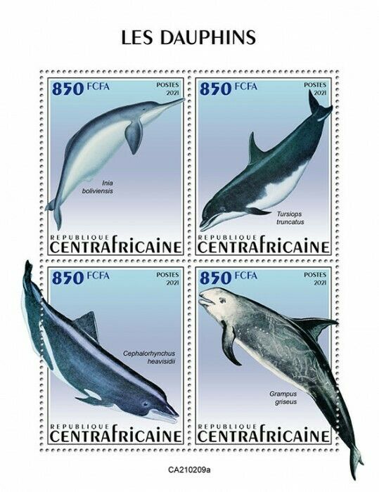 Central African Rep Marine Animals Stamps 2021 MNH Dolphins Dolphin 4v M/S