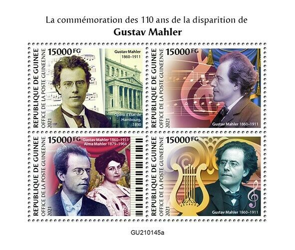 Guinea 2021 MNH Music Stamps Gustav Mahler 110th Memorial Anniv Composers 4v M/S