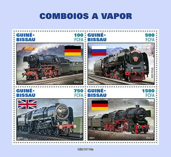 Guinea-Bissau Trains Stamps 2021 MNH Steam Engines Locomotives Railways 4v M/S
