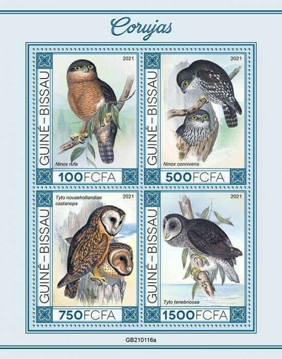 Guinea-Bissau 2021 MNH Birds on Stamps Owls Barking Rufous Owl 4v M/S II