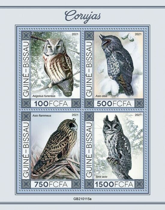 Guinea-Bissau 2021 MNH Birds on Stamps Owls Long-Eared Screech Owl 4v M/S I