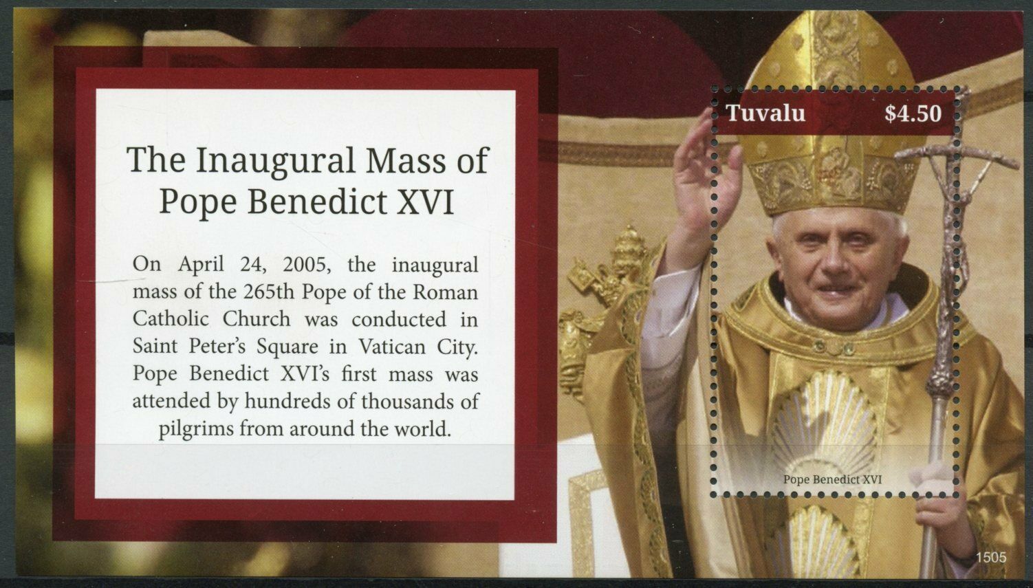 Tuvalu 2015 MNH Pope Benedict XVI Stamps Inaugural Mass Religion People 1v S/S