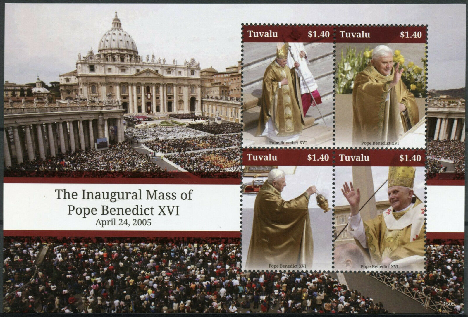 Tuvalu 2015 MNH Pope Benedict XVI Stamps Inaugural Mass Religion People 4v M/S
