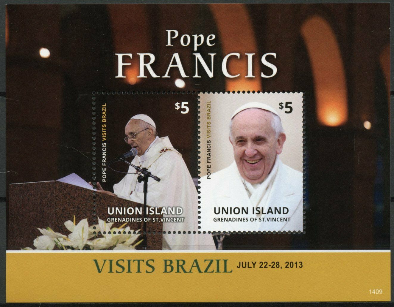 Union Island Gren St Vincent 2014 MNH Pope Francis Stamps Visits Brazil 2v S/S II