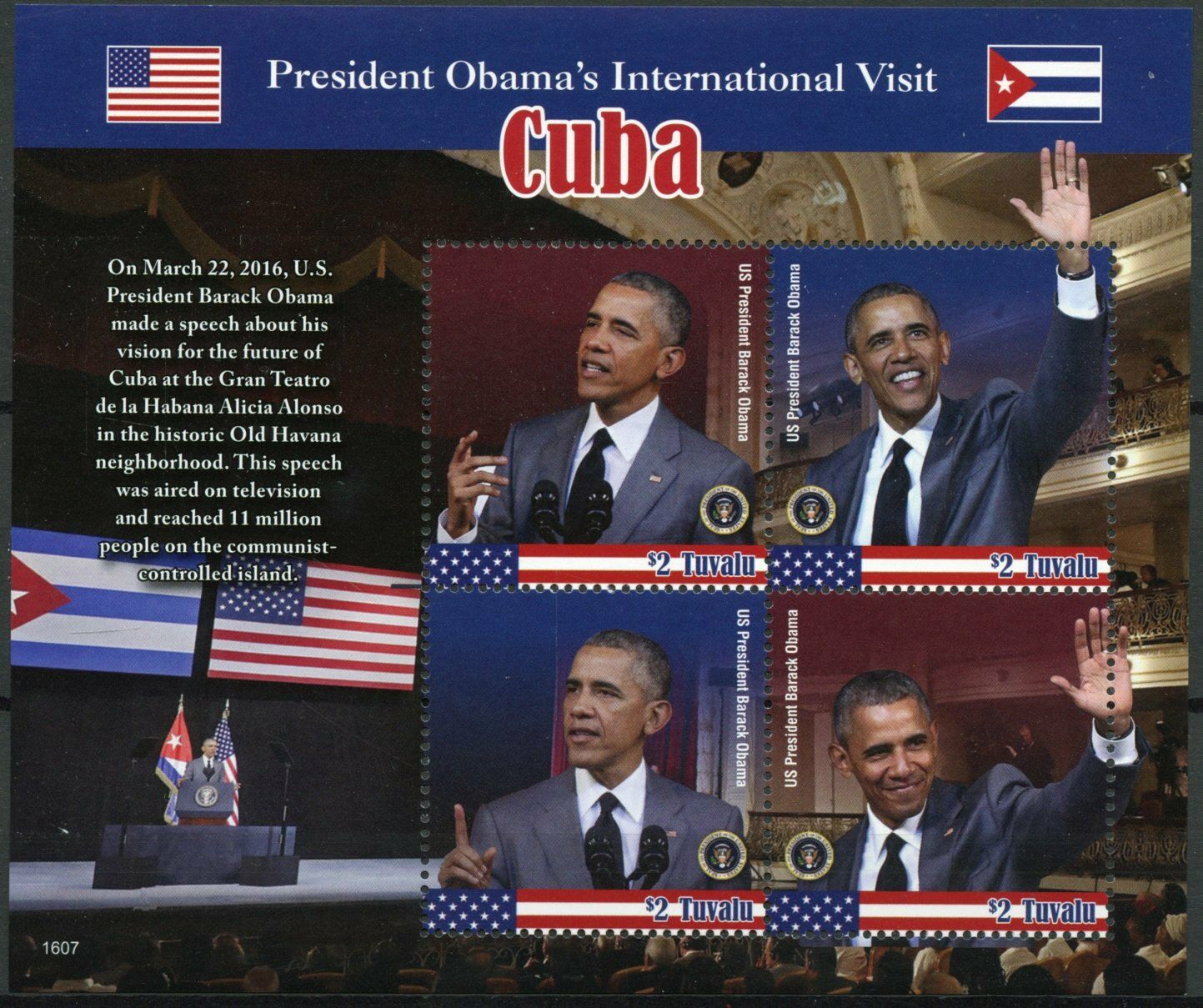 Tuvalu US Presidents Stamps 2016 MNH Barack Obama International Visits 4v M/S