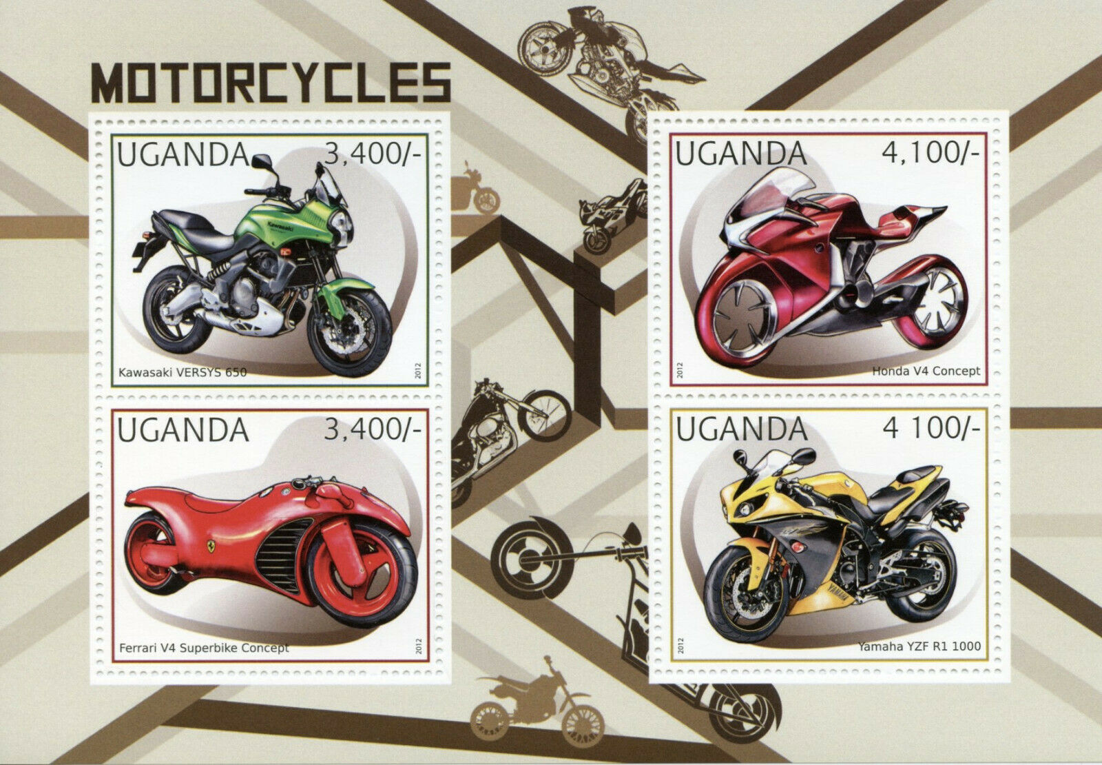Uganda Motorcycles Stamps 2012 MNH Ferrari Superbike Kawasaki Honda Yamaha 4v MS