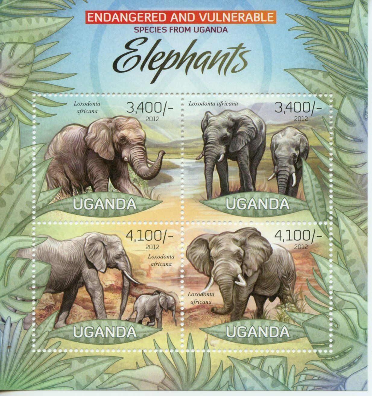 Uganda Wild Animals Stamps 2012 MNH Elephants African Bush Elephant 4v M/S I