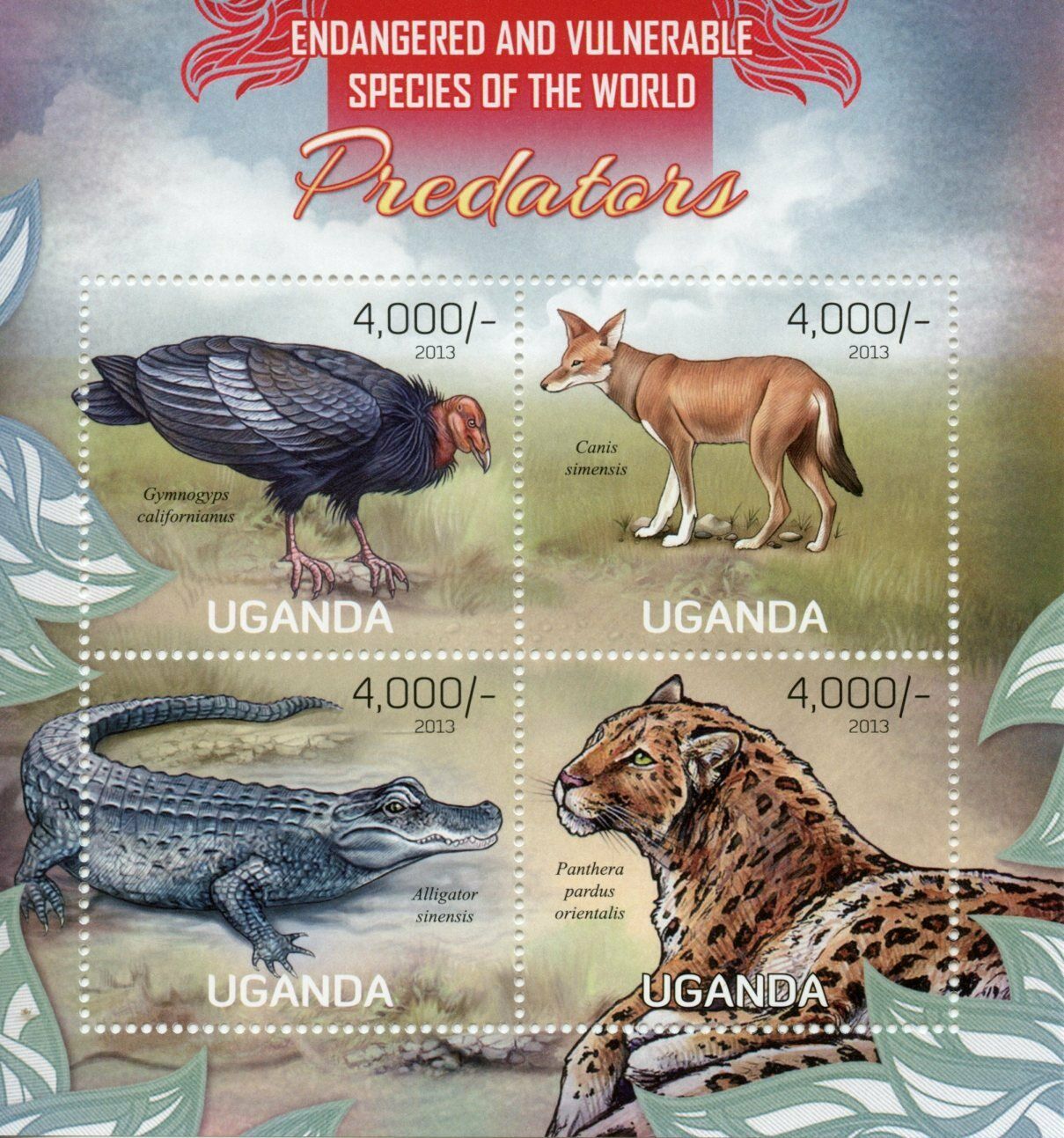 Uganda Wild Animals Stamps 2013 MNH Predators Vultures Amur Leopards 4v M/S