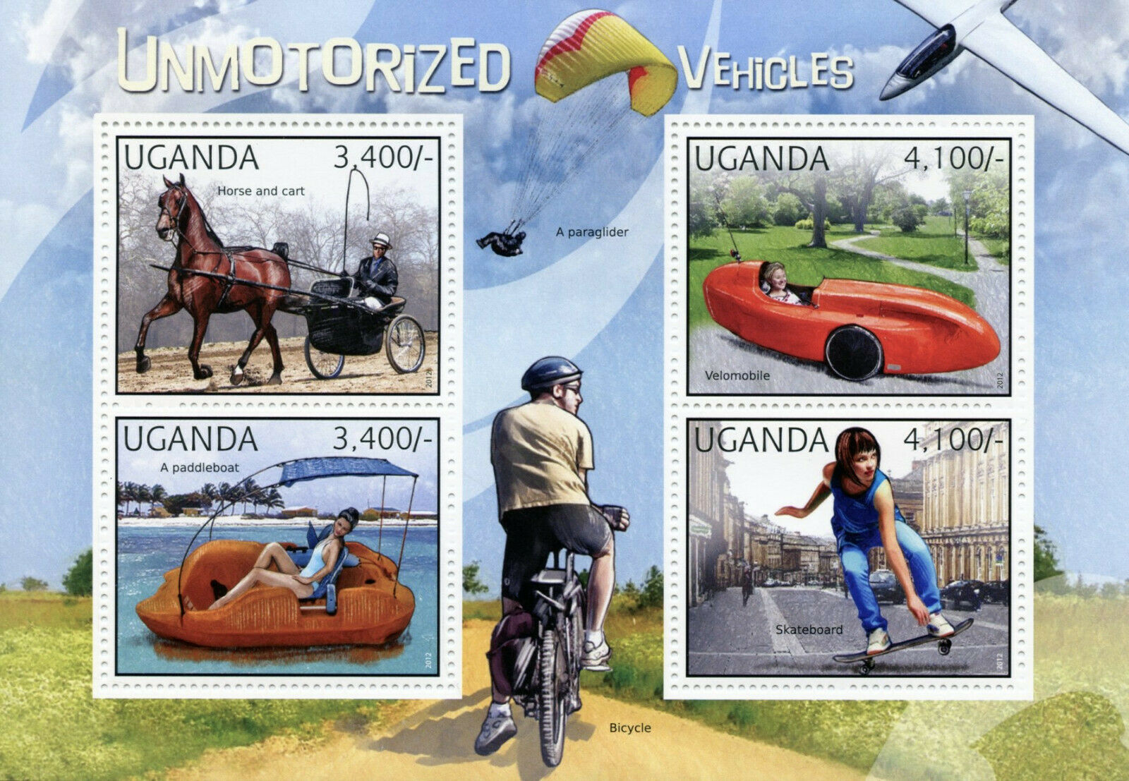 Uganda Transport Stamps 2012 MNH Unmotorized Vehicles Skateboard Boats 1v S/S