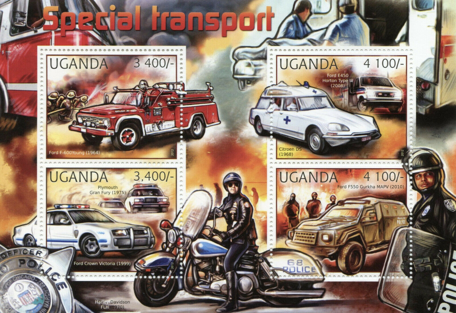 Uganda Special Transport Stamps 2012 MNH Fire Engines Police Ambulance 4v M/S