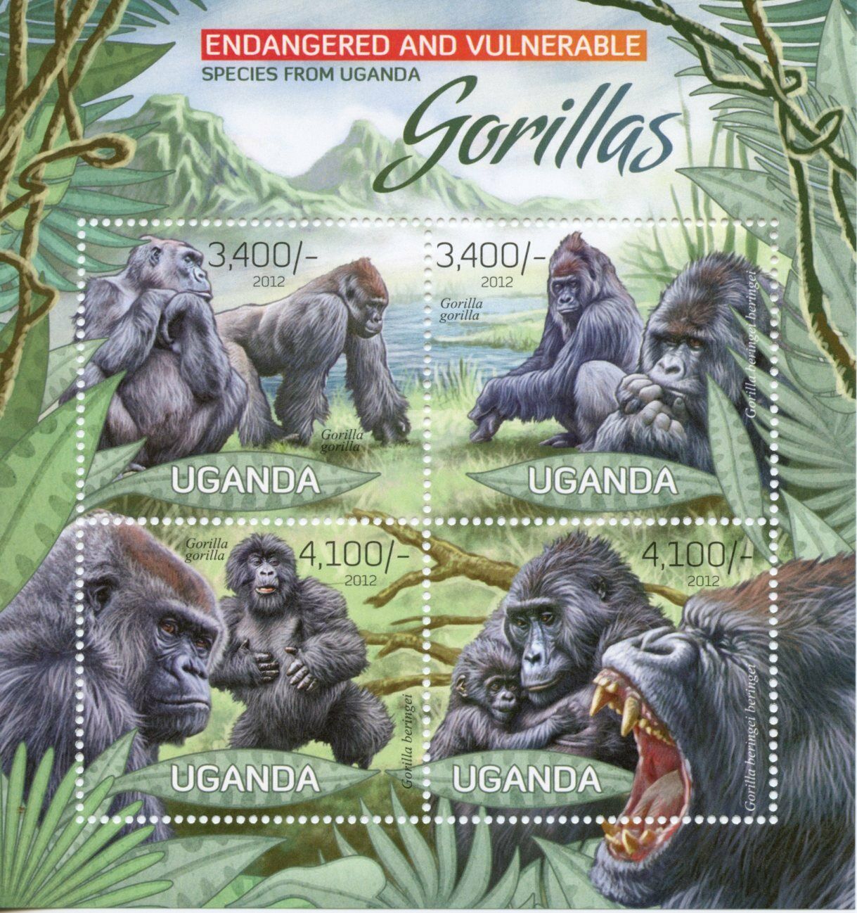 Uganda Wild Animals Stamps 2012 MNH Gorillas Gorilla Primates Fauna 4v M/S