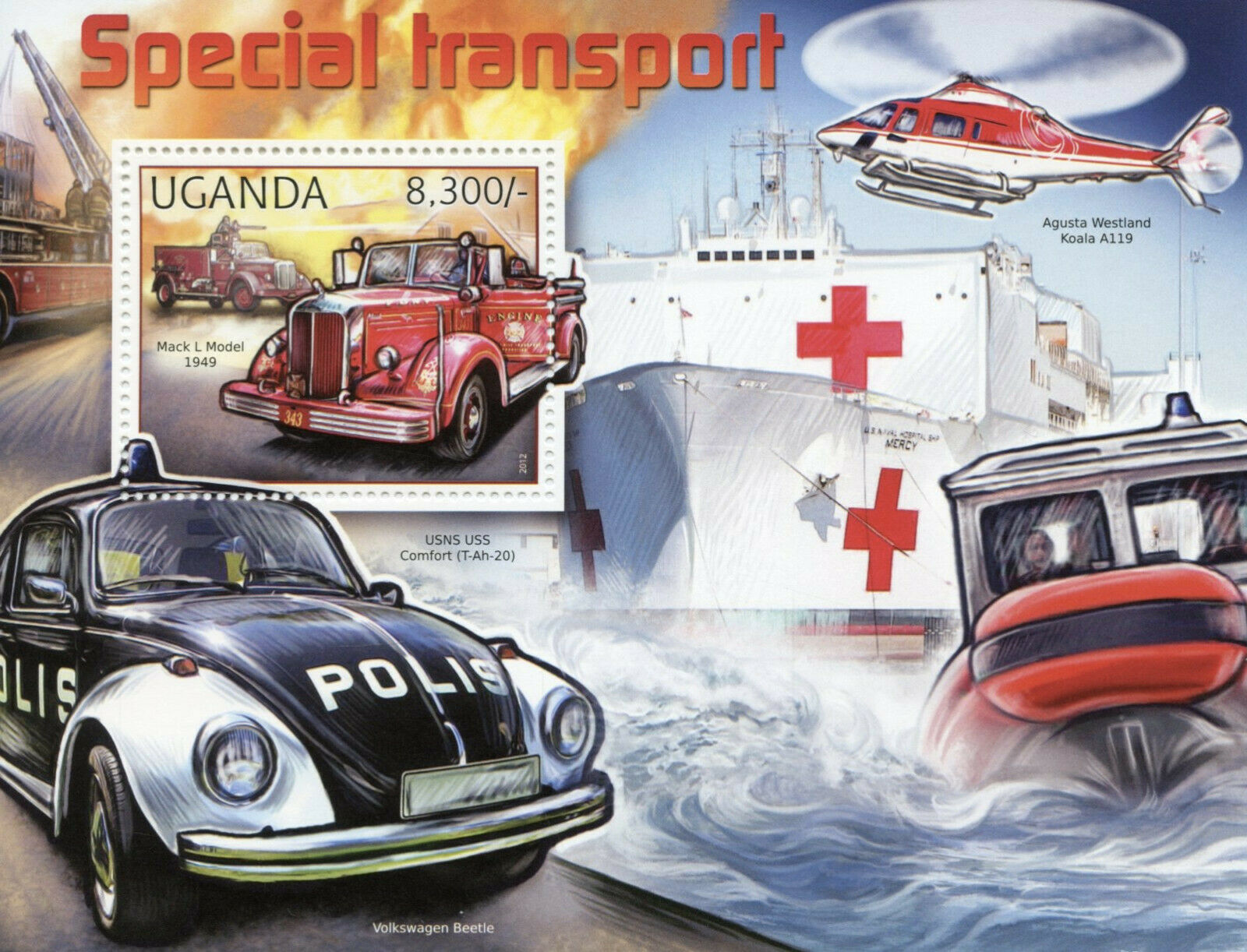 Uganda Special Transport Stamps 2012 MNH Fire Engines Police Helicopters 1v S/S