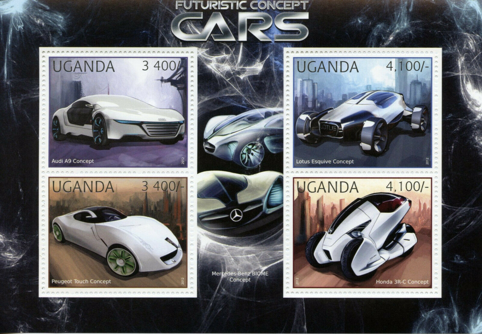 Uganda Cars Stamps 2012 MNH Futuristic Concept Lotus Audi Lotus Peugeot 4v M/S